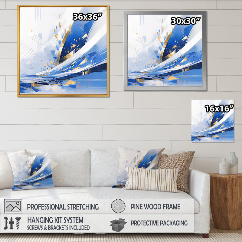 Bleu blanc cubiste kaléidoscope II sur toile, 16" H x 16" W, Cadre flottant doré