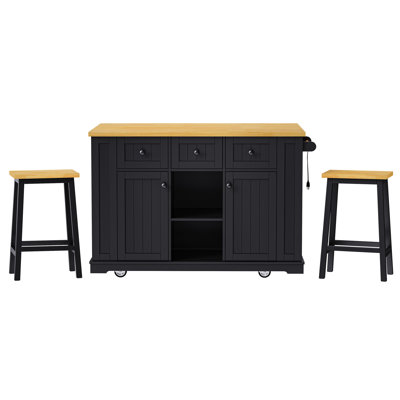 53Inch Large Kitchen Island With 2 Bar Stools, Power Outlet,Door Internal Storage Rack, Kitchen Storage Cart On 5 Wheels With Drop Leaf, 5 Open Side R by Lark Manor