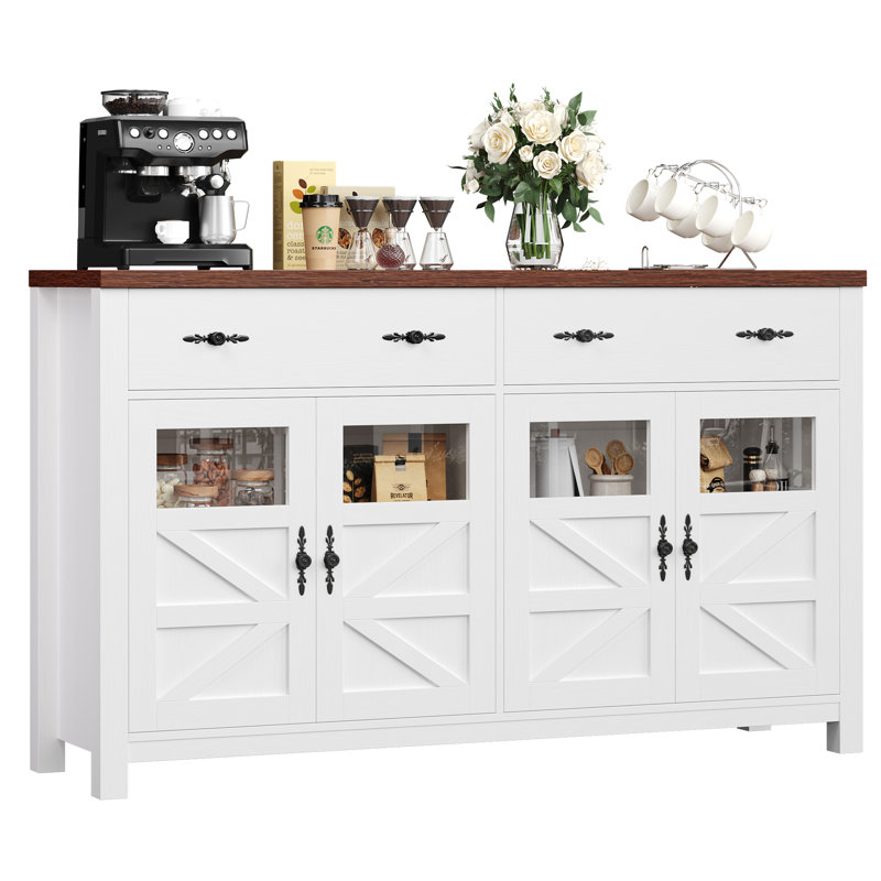 Almus 55'' Sideboard with 4 Glass Doors, 2 Large Drawers and Adjustable Shelves, White/Brown