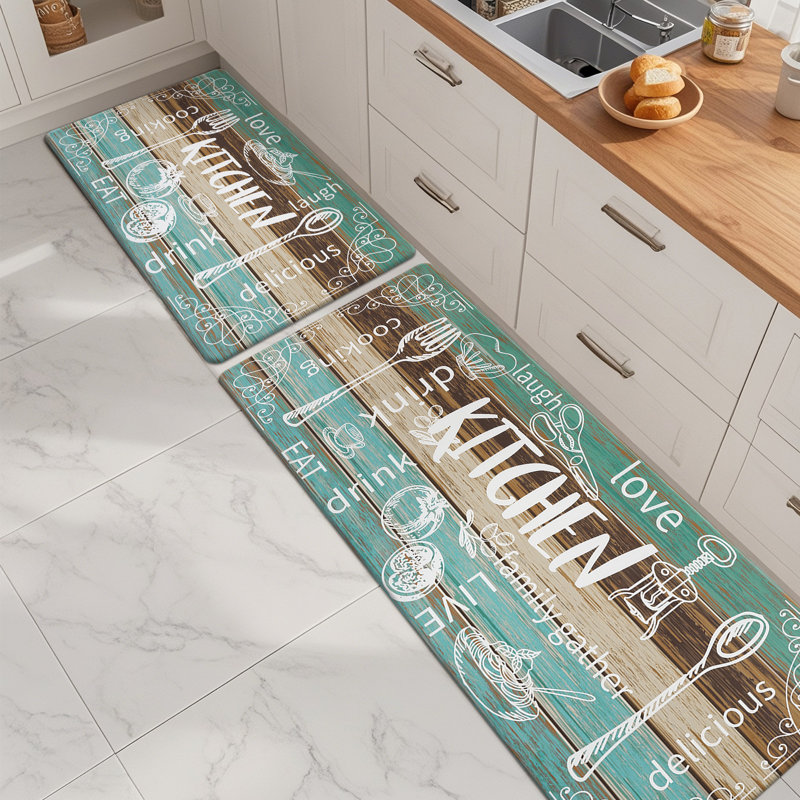 Tapis et tapis de cuisine anti-fatigue (ensemble de 2), Bleu sarcelle / brun