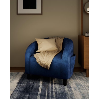 Fauteuil club d'appoint, fauteuil tonneau confortable avec dossier en U et accoudoirs incurvés, pieds robustes, idéal pour le salon, la chambre ou le bureau, bleu marine