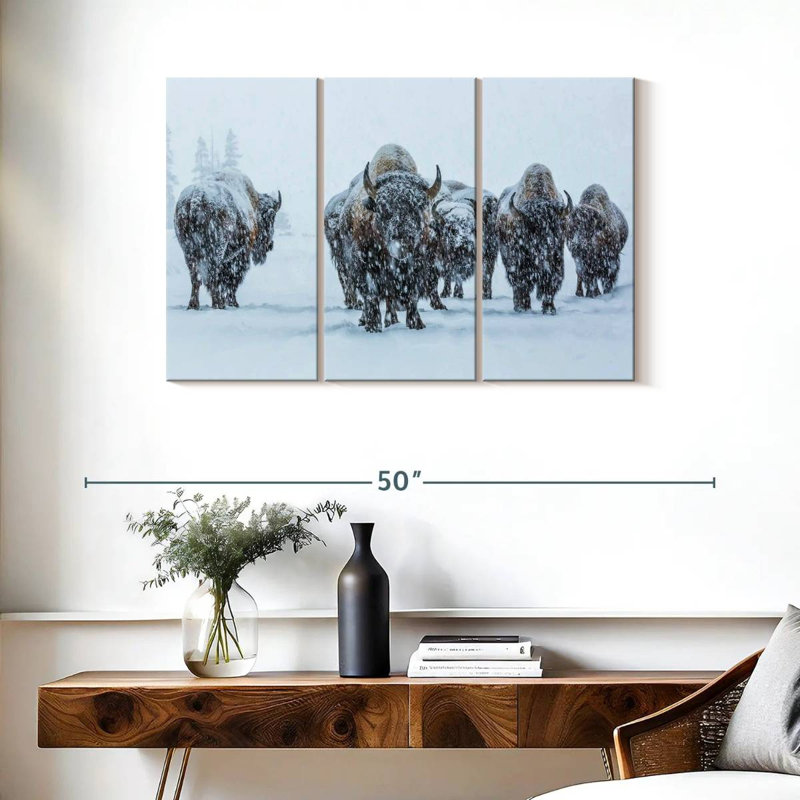 Bisons dans le parc national de Yellowstone sur toile, ensemble de 3 pièces, H 24 po x l 38 po x P 1,25 po