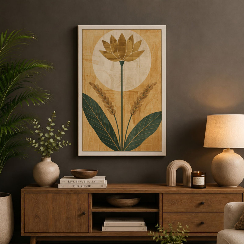 Golden Lotus Moon Botanical - Wrapped Canvas, 36x24 - 91.4 x 61.0 cm, White Border