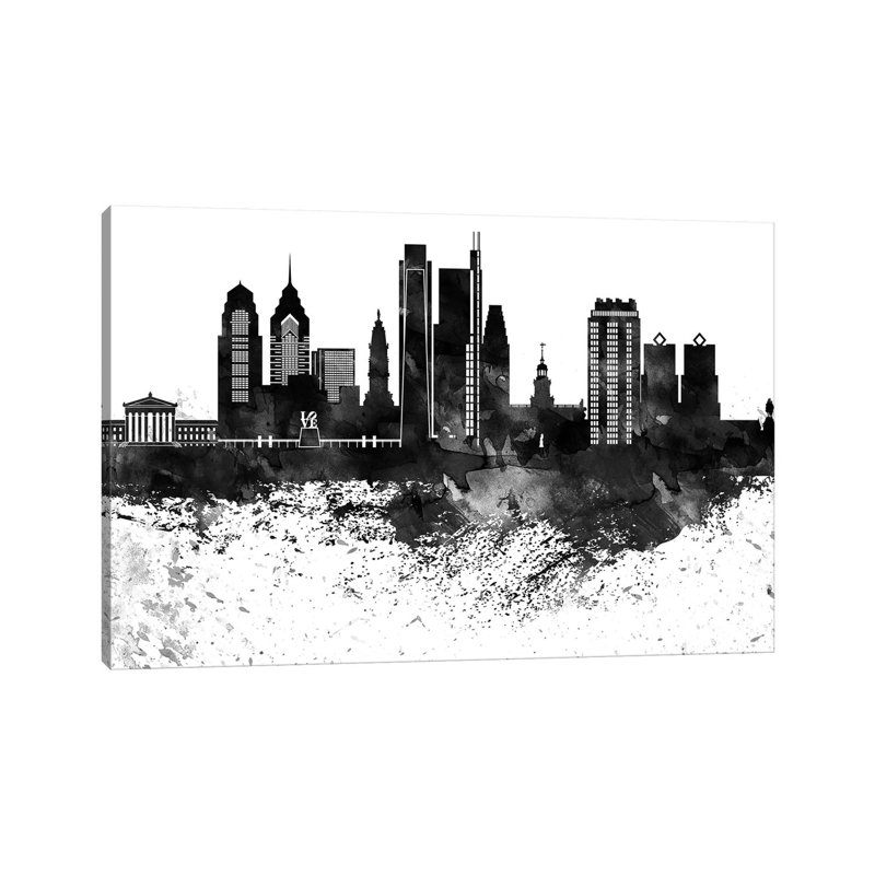 Philadelphia Skyline Black & White Drops by Wall Decor Addict - Wrapped Canvas Painting, 152.5 cm H x 101.5 cm W
