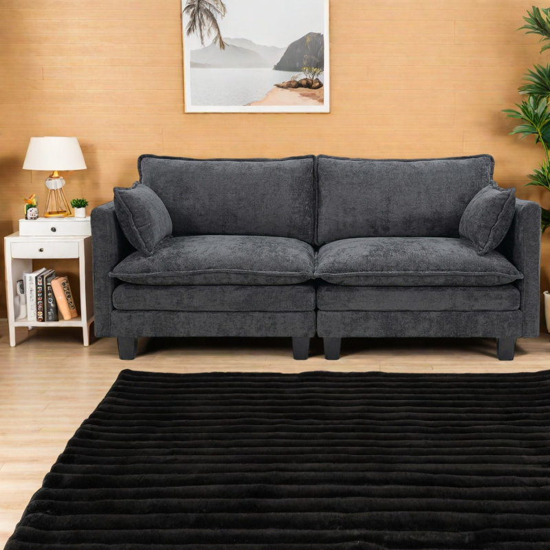 Canapés avec port USB, canapé moderne 2 places en chenille noire de 190 cm (74,8 po) pour petits espaces, Black