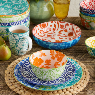 Pavillion Porcelain Dinner Plate Set of 6, 10.5-inch vibrant mix-and-match patterned plates with global tile motifs, ideal for everyday meals, brunch, colorful tablescapes