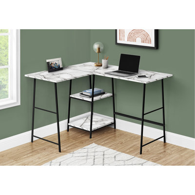 Bureau d'ordinateur, bureau personnel, coin, tablettes de rangement, L 48 po, forme en L, travail, ordinateur portable, stratifié aspect marbre blanc, métal noir, contemporain, moderne