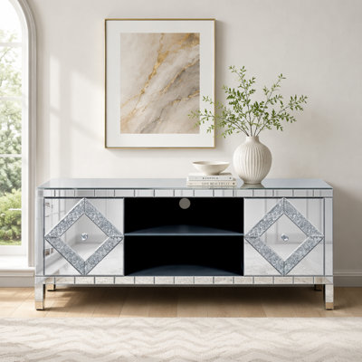 Mirror TV Media Console with Diamond Glass Doors