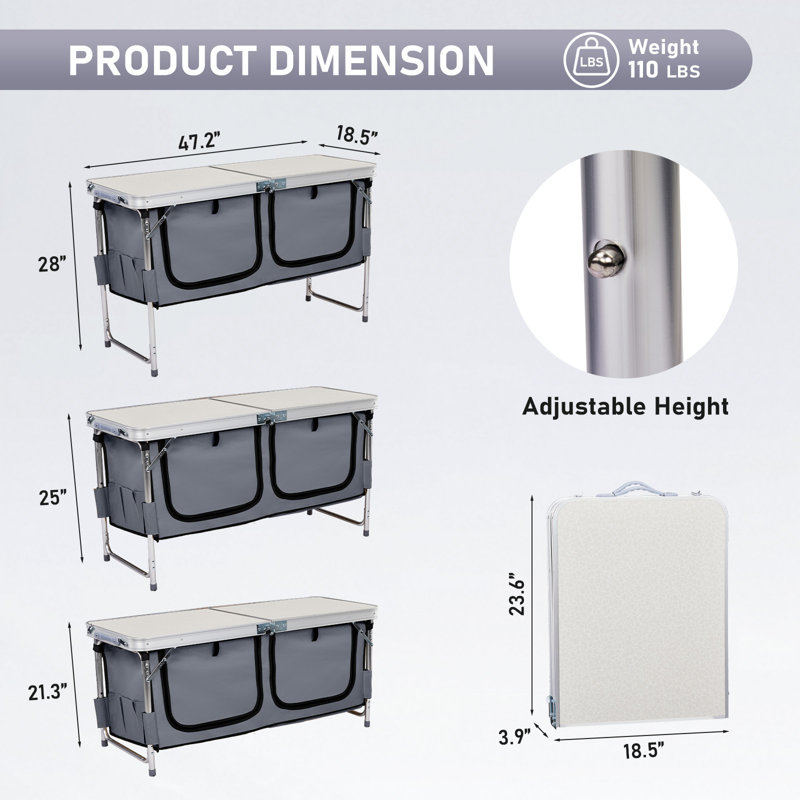 4 pi Table pliante blanche en aluminium pour patio avec sac de rangement en tissu, Blanc