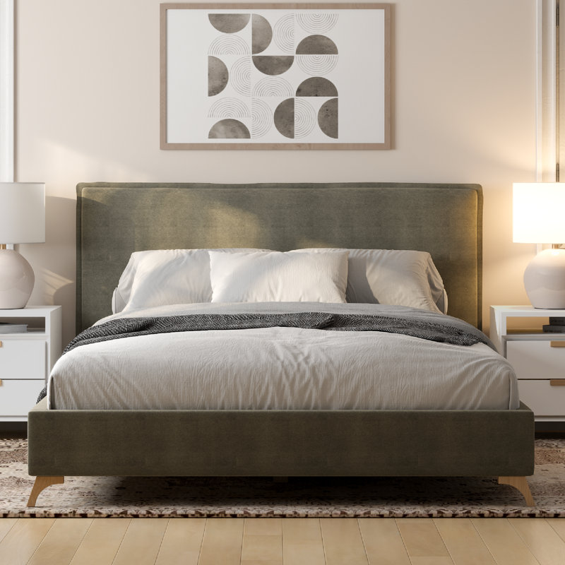 Pelham Flange Edge Bed Frame, Queen, Olive Boucle