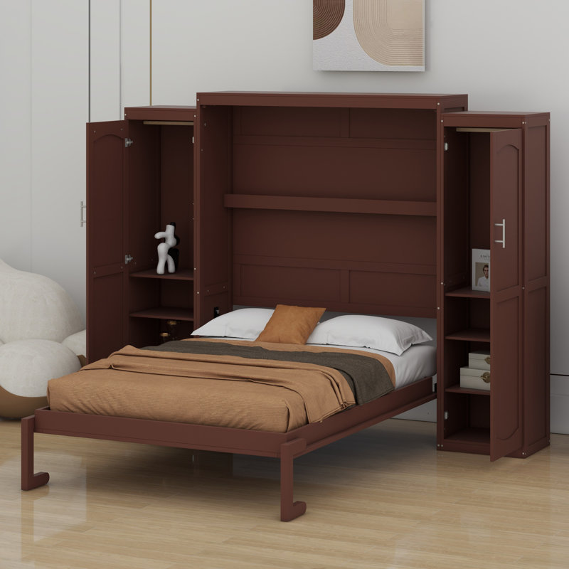 Lit plateforme pliable en bois avec garde-robe et tablette de rangement, Noyer, Grand