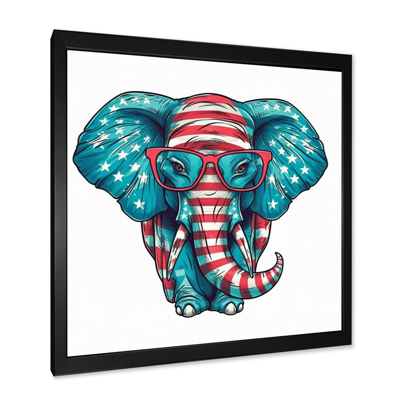 Imprimé d'éléphant bleu avec lunettes - bleu, Cadre photo noir, H 16 po x l 16 po x P 1 po