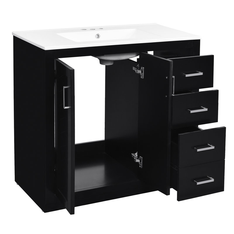 Meuble-lavabo de 36 po avec lavabo en céramique: système de tiroir fonctionnel élégant en bois massif
