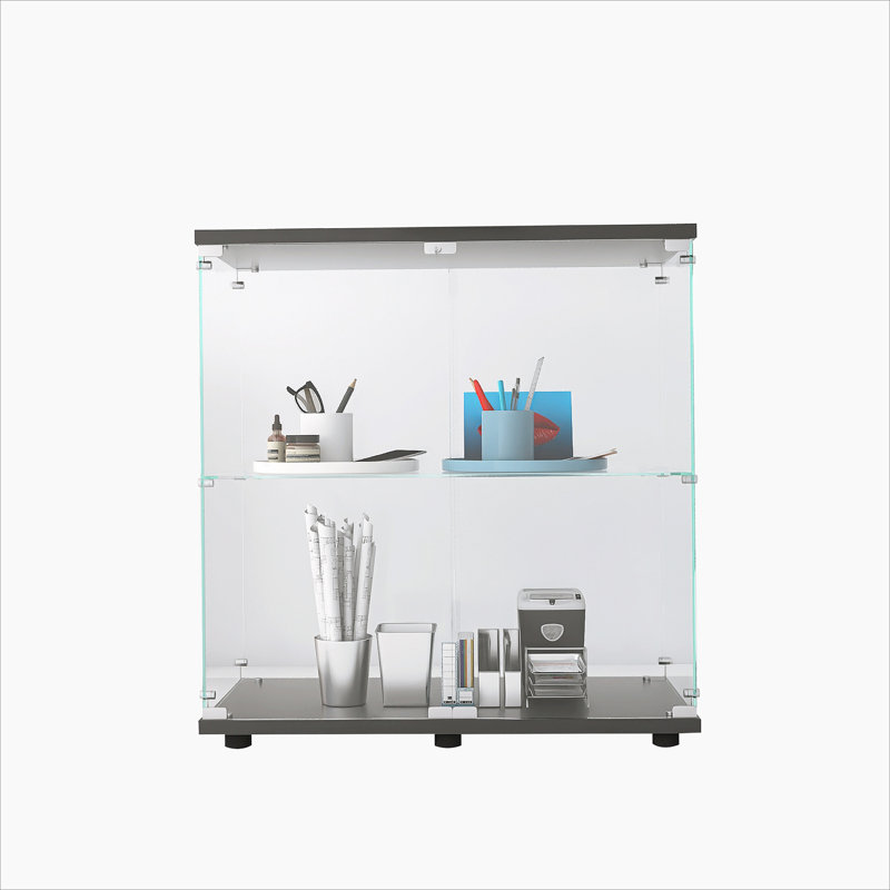 Vitrine en verre 2 couches avec 2 portes, armoires vitrées, vitrine de comptoir en verre avec serrure, verre trempé avec base en panneau de fibres à densité moyenne