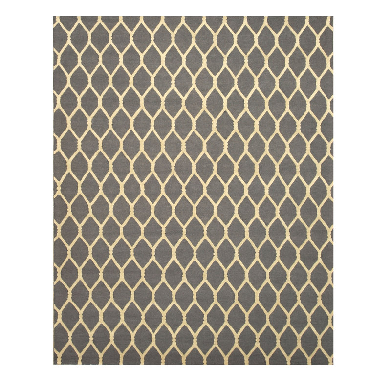 Tapis géométrique transitionnel beige en laine touffeté à la main polyvalent et confortable, Rectangle 7 pi 9 po x 9 pi 9 po