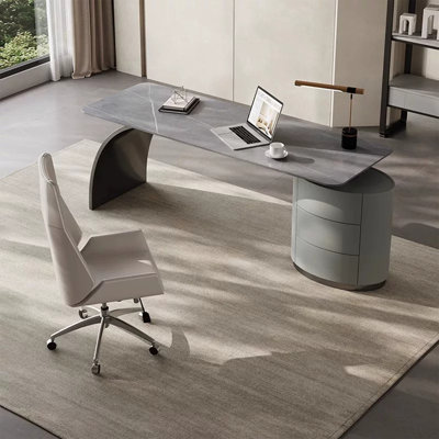 Bureau de 55,12 po moderne en pierre frittée minimaliste incurvée - support incurvé en acier inoxydable avec armoire de rangement en panneau de fibres à densité moyenne cylindrique, plateau en pierre frittée à bord arrondi à 3 tiroirs, bureau d'é