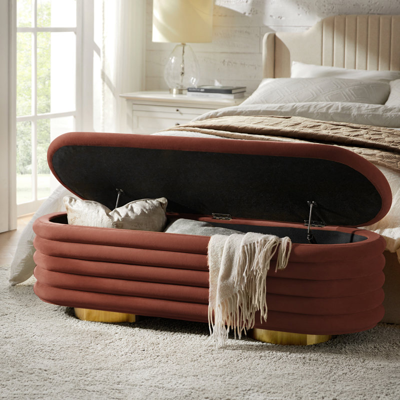 Nettie 54" Modern Velvet Boucle Upholstered Tufted Storage Bench with Gold-finished Metal Legs, Burn-brick