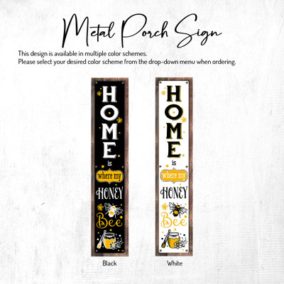 " Home Is Where My Honey Bee - Framed Sun-Protected Metal Porch Sign, Vertical Welcome Sign "