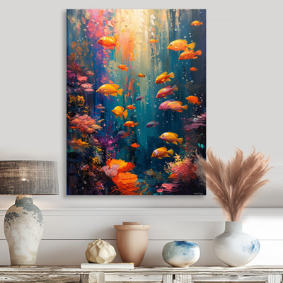 Bleu, orange, corail, poisson marin, vie II - corail, art mural, salon