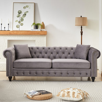 Luxury Velvet Chesterfield 3-Seater Sofa with Rolled Arms and Button Tufting