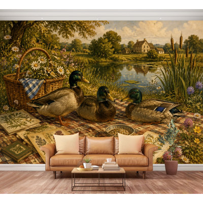 Wall Mural Peel and Stick Picnic mallard floral pond old Rustic Ducks Lakeside Landscape cottage Large Wallpaper Self-Adhesive Removable Contact Paper Wall Decor for Living Room Bedroom Nursery 100"H x 144"W