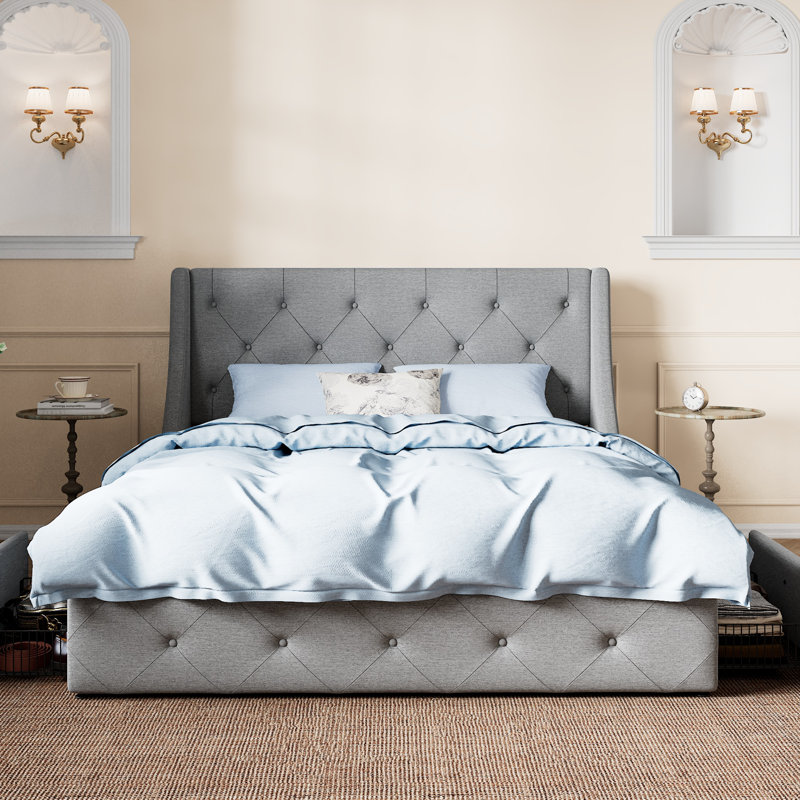 Lit plateforme tapissier avec rangement en lin avec tête de lit à oreilles Brij, Double, Gris clair