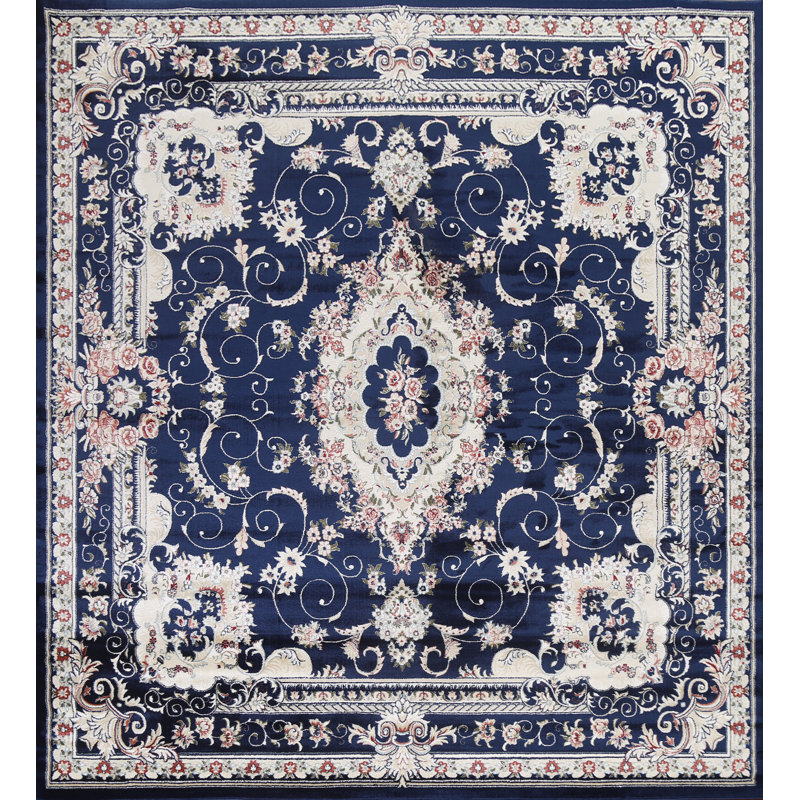 Tapis oriental bleu transitionnel floral 2X3, Carré 9 pi 10 po