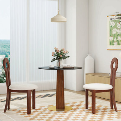 Table de salle à manger ronde moderne, table en pierre frittée de 33,5 po avec pieds en bois et base dorée, table de cuisine pour 2 personnes pour un petit espace, capacité de poids de 150 lb (seulement la table de Négociation)