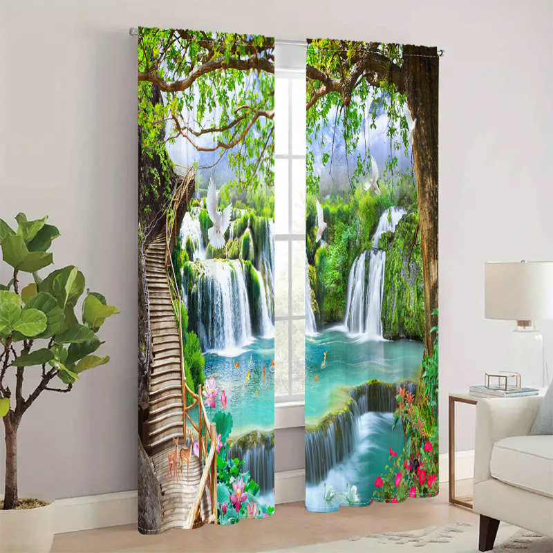 2Pcs Waterfall Landscape Curtains Nature Scenery Print White Doves Lake View Window Drapes Turquoise Water Lotus Flowers Rod Pocket Light Filtering for Living Room Bedroom Kitchen Patio Door Home Decor