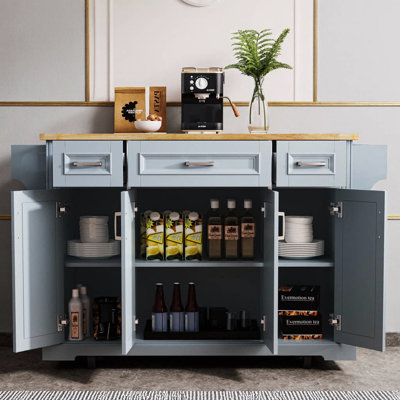 Rubber Wood Kitchen Island Cart With Drop Leaf Embossed Texture 4 Doors & 3 Drawers