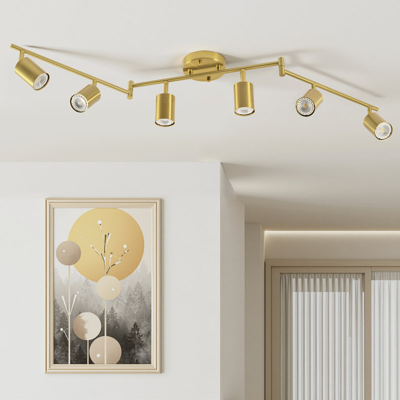 Luminaire sur rail 6 lumières avec têtes réglables et 6 ampoules incluses, Doré, Doré