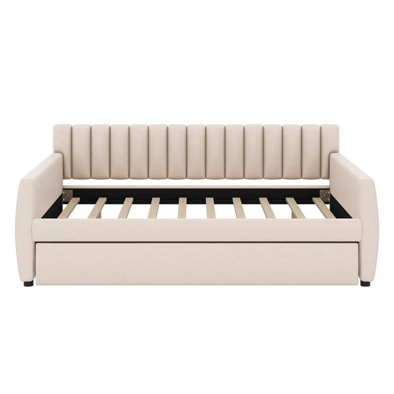 Upholstered Daybed With Trundle, Beige