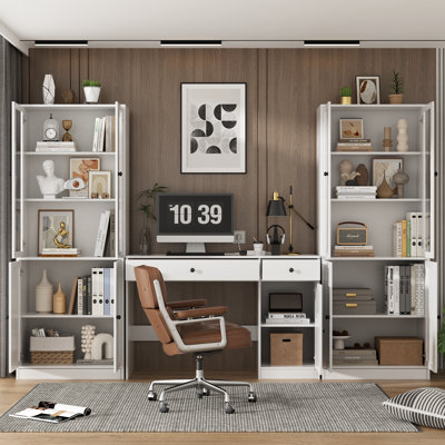 2 Piece Office Set,  47.2" Writing Desk & Set Of 2 Bookcases With Drawers