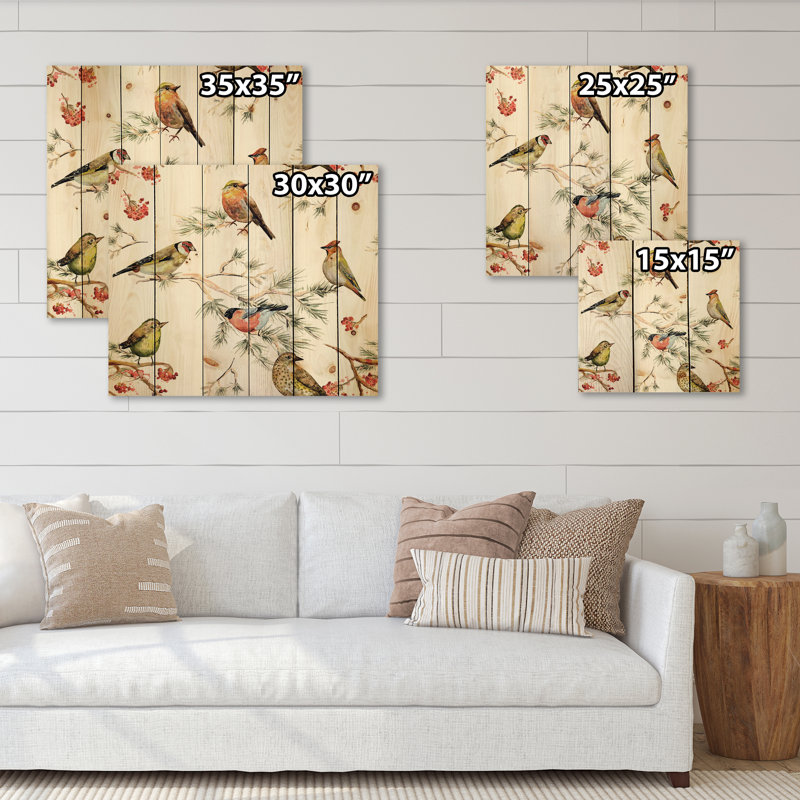 Oiseaux forestiers sur des branches - Impression traditionnelle sur bois de pin naturel, H 30 po x l 30 po x P 0,78 po