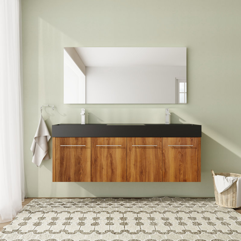 Meuble-lavabo flottant mural 60 po avec plateau en résine et porte à fermeture en douceur 60 po, Résine noire, Brun ébène
