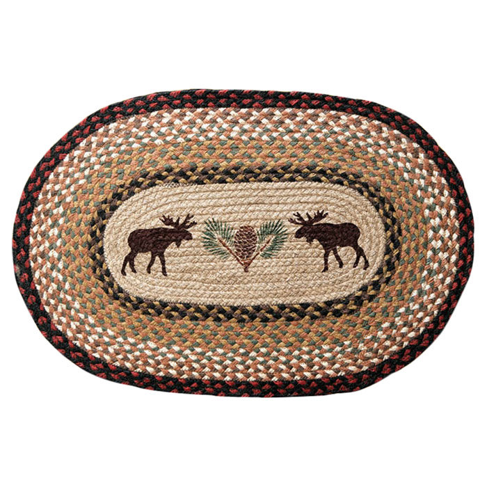  Eco-Friendly Jute Oval Patch Tread Rug Moose and Pinecone, 30" H, Oval 1'8" x 2'6"