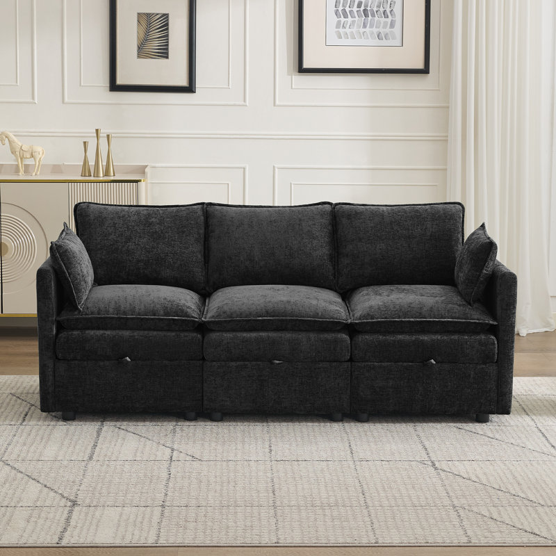 80.3" Wide Modular Storage 3-Seater Sofa, Black