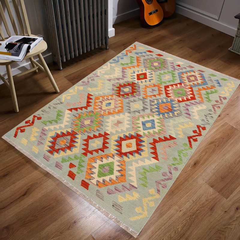 Tapis bleu / brun / beige en laine noué à la main 3 pi 7 po x 4 pi 10 po Essary Southwestern