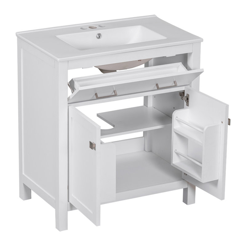 30-Inch Bathroom Vanity With Ceramic Sink, White, Silver