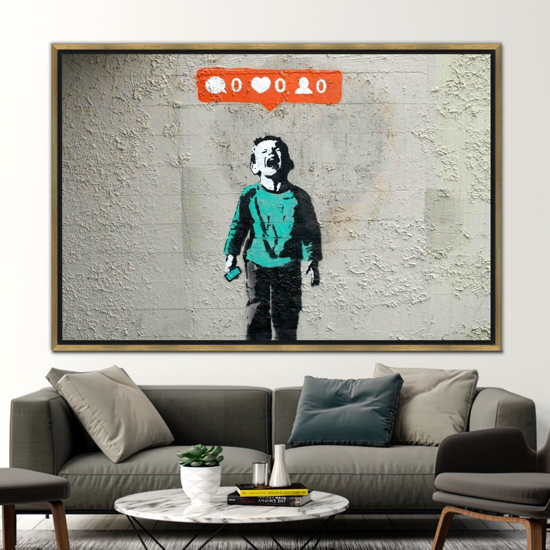 «Banksy Boy Social Media», reproduction d'art sur toile avec enfants, H 41 po x l 94 po, Doré