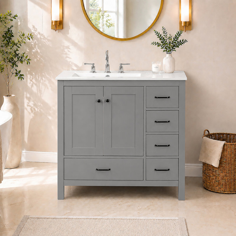 Ensemble de meuble-lavabo 36 po avec lavabo en céramique, armoire de rangement abondante, 2 portes à fermeture en douceur et 5 tiroirs (ancien SKU: N729P183735E)