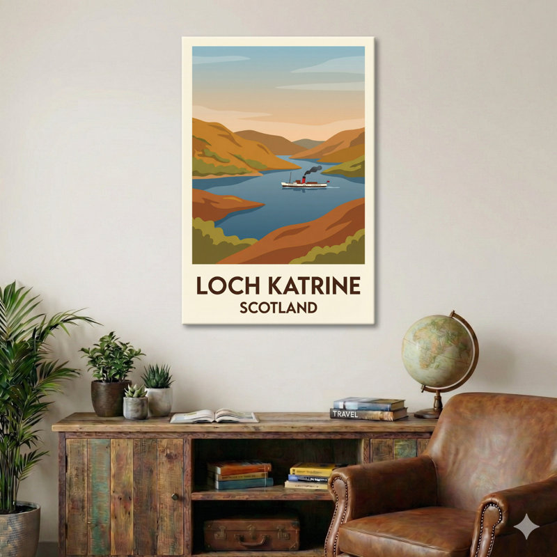 Loch Katrine, Scotland - Romantic Trossachs Travel Poster (Paddle Steamer On Highland Loch). Giclee Print On Wrapped Canvas. Wall Art, Home Decor - Natural Landmarks, Scotland - Wrapped Canvas Print