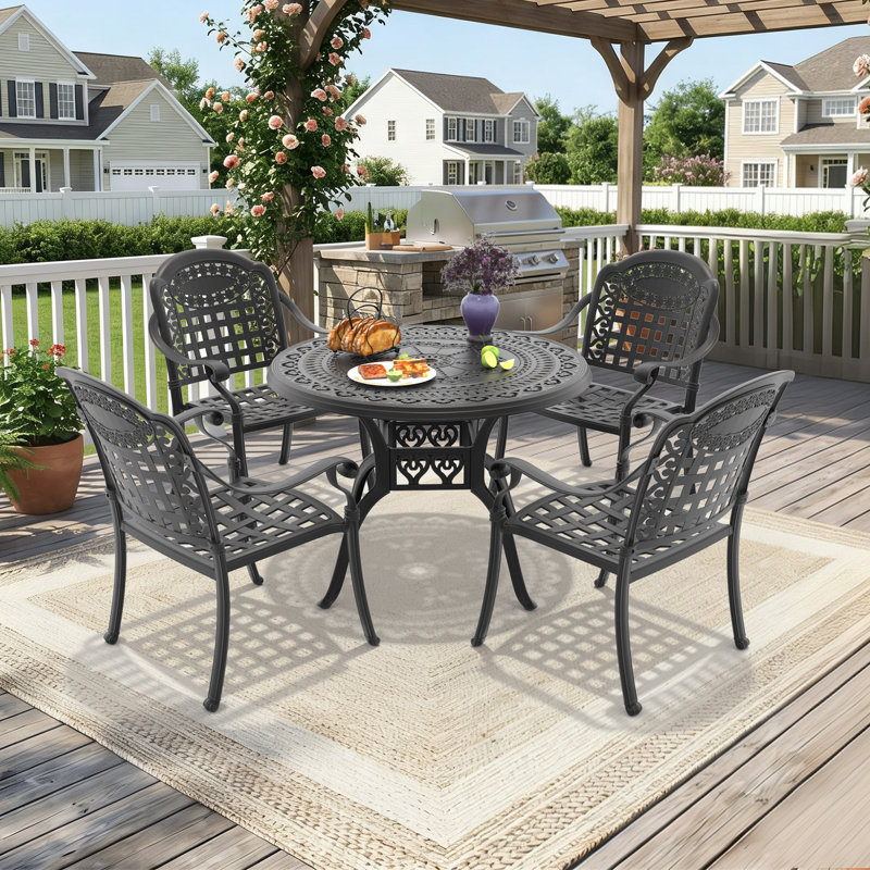Ensemble repas extérieur pour 4 personnes avec coussin de couleur bleue, 5 pièces: table, 4 chaises