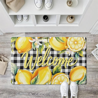 Farmhouse Entryway Doormat 24"x36", Fresh Lemon Plaid Design