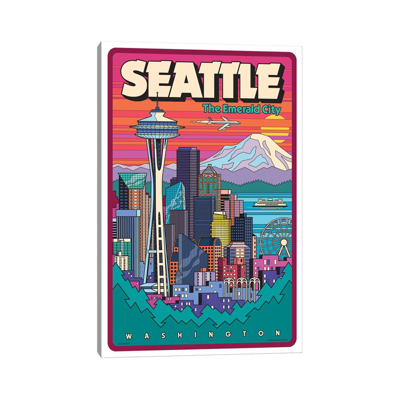 «Seattle Pop Art Travel» par Jim Zahniser, reproduction d'art sur toile tendue, H 40 po x l 26 po x P 1,5 po