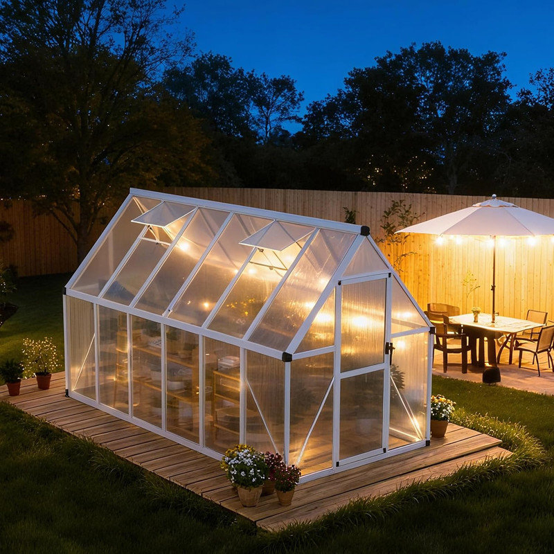 Aluminum Frame Polycarbonate Greenhouse with Roof Vent, Heavy Duty Outdoor Garden Kit, Silver, 6.4' H x 5.54' W x 10.96' D
