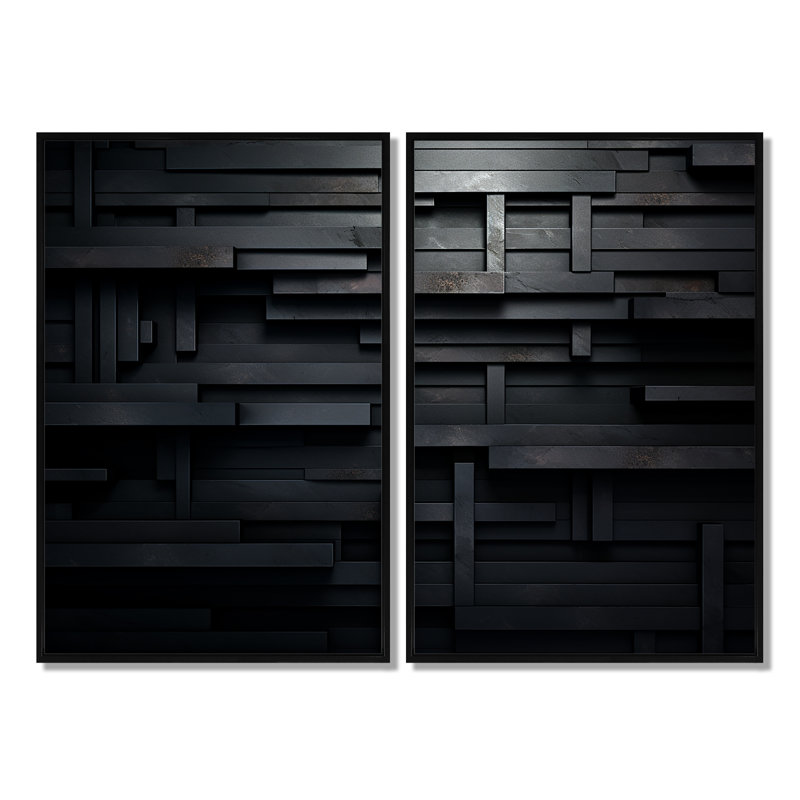 «Black Brick Cube Dimensions V», art mural abstrait géométrique, ensemble de 2 impressions sur toile, H 36 po x l 48 po, Noir