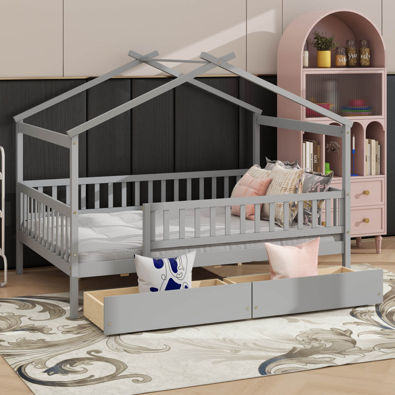 Lit double en bois avec deux tiroirs de rangement intégrés, Gris
