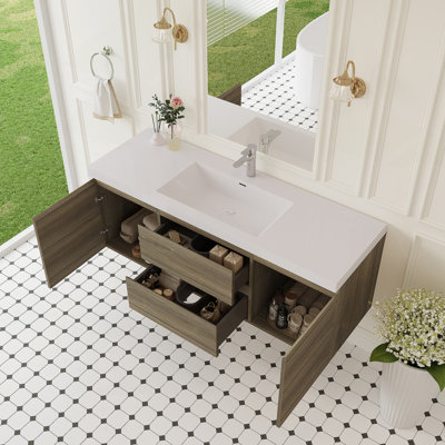 Meuble-lavabo flottant avec lavabo, meuble de rangement mural avec tiroirs à fermeture en douceur