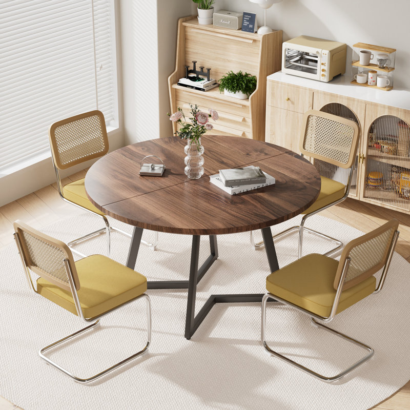 Ensemble de table de salle à manger Mid Century, 5 pièces: table, 4 chaises, Noyer, Jaune / argenté